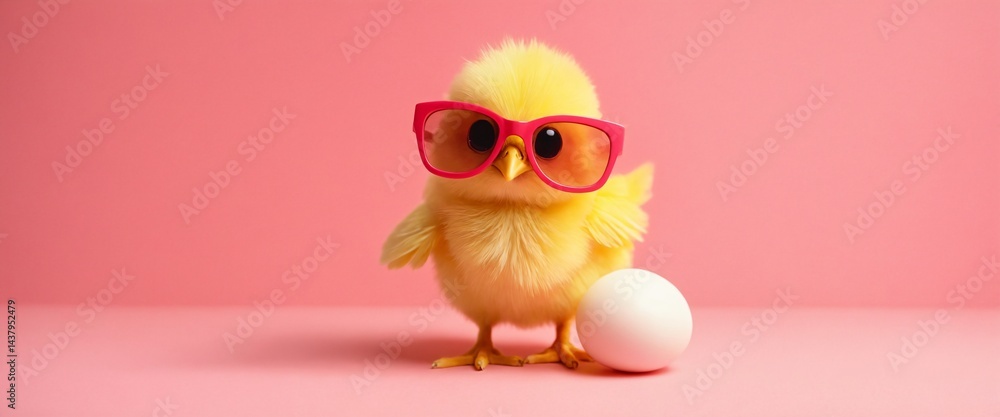 Fototapeta premium Happy Easter Holiday Card - Cool Cute Chick with Sunglasses and Easter Egg on Pink Background