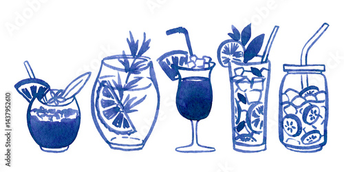 Watercolour hand drawn summer drinks, cocktails. Freehand doodle drinks,  hand drawn cocktail can use as print, element desing, poster, textile, clothes print, label, invitation, menu illustration.