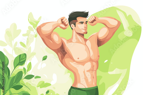 Muscular man flexing in a vibrant green cartoon style.