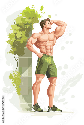 Muscular man flexing in a vibrant green cartoon style.