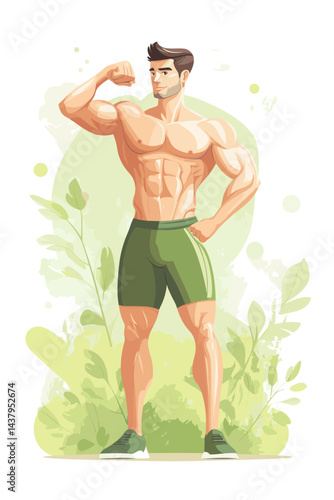 Muscular man flexing in a vibrant green cartoon style.