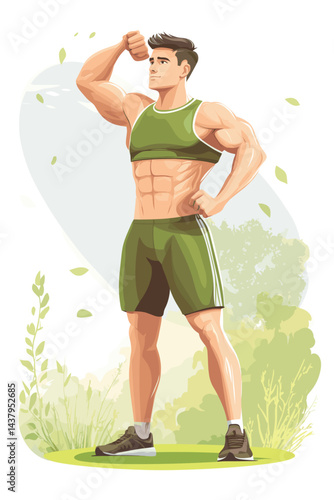 Muscular man flexing in a vibrant green cartoon style.