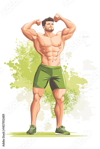 Muscular man flexing in a vibrant green cartoon style.