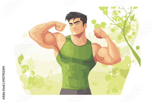 Muscular man flexing in a vibrant green cartoon style.