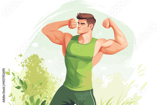 Muscular man flexing in a vibrant green cartoon style.