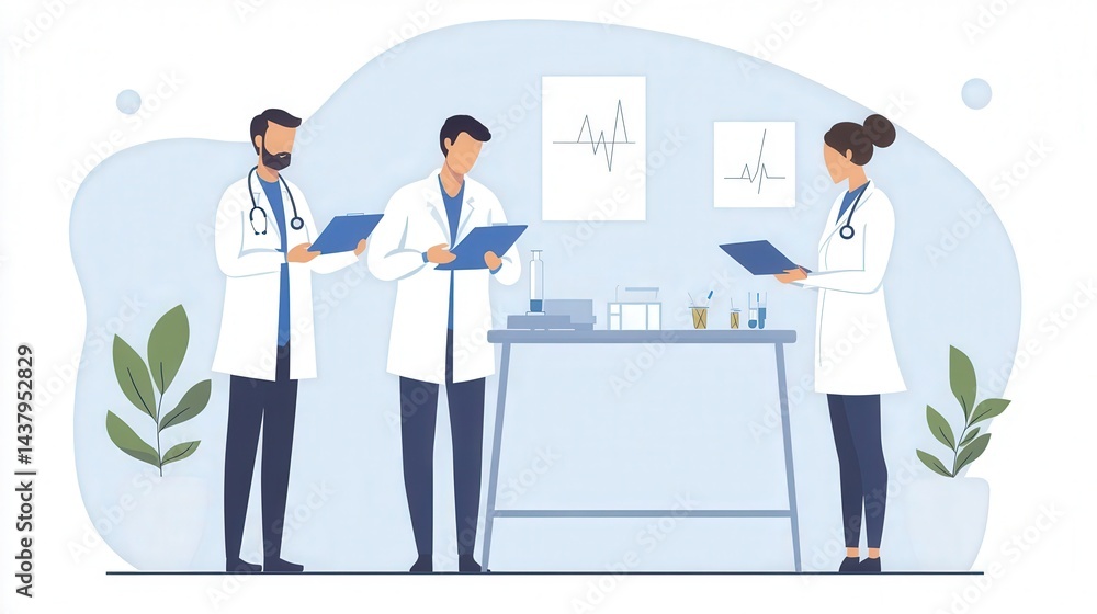 Team of oncologists analyzing test results, hightech room, flat design illustration Team of oncologists analyzing test results, hightech room, flat design illustration