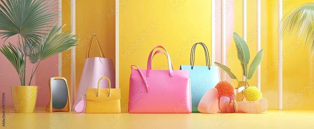 Vibrant colorful bags displayed on a yellow surface Vibrant colorful bags displayed on a yellow surface