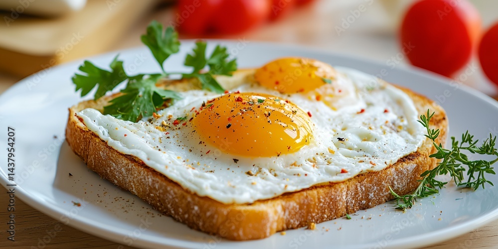 A plate of toast with two eggs and parsley on top. A plate of toast with two eggs and parsley on top.