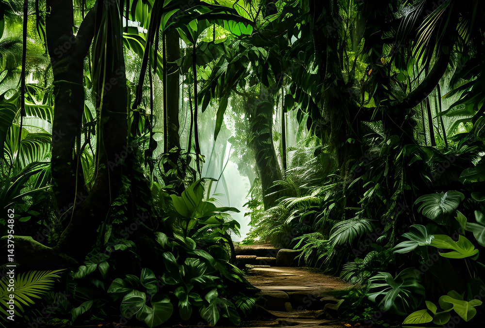 Naklejka premium Lush green jungle landscape with towering mountains under vibrant Beautiful green tropical jungle for natural background and scattered clouds, creating serene and breathtaking view