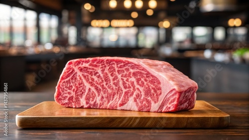 Premium marbled A5 Wagyu beef on a wooden cutting board in a luxury restaurant.