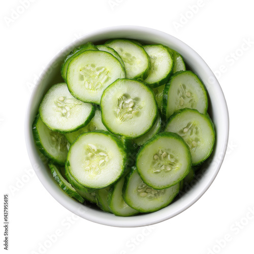 Sliced cucumber in bowl isolated on transparent PNG background