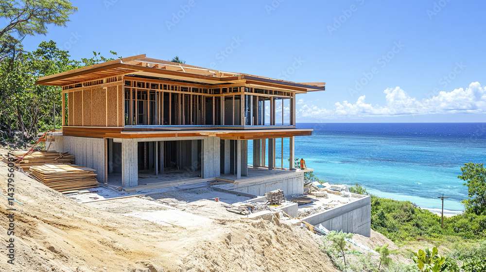 Obraz premium Contemporary beach house under development with ocean view and natural surroundings