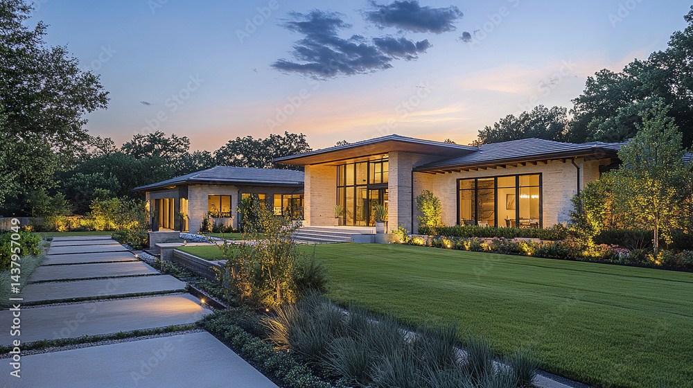 Fototapeta premium contemporary house during evening golden hour, showcasing modern architecture and landscaping