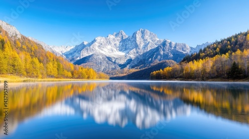 Mountain Lake Autumnal Trees Vivid, High-Definition Panoramic Reflection Serene Landscape, Breathtaking vista, Calm waters, Stunning scenery, Ideal for nature calendars