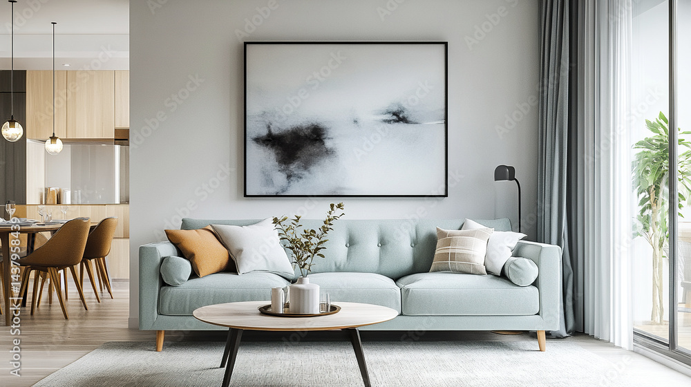 Fototapeta premium contemporary Scandinavian home interior featuring mint green sofa, stylish decor, and modern art