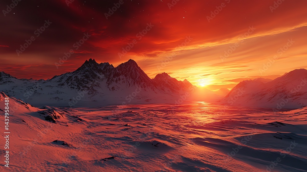 Fototapeta premium Dramatic Sunset over Snow Covered Mountains Landscape