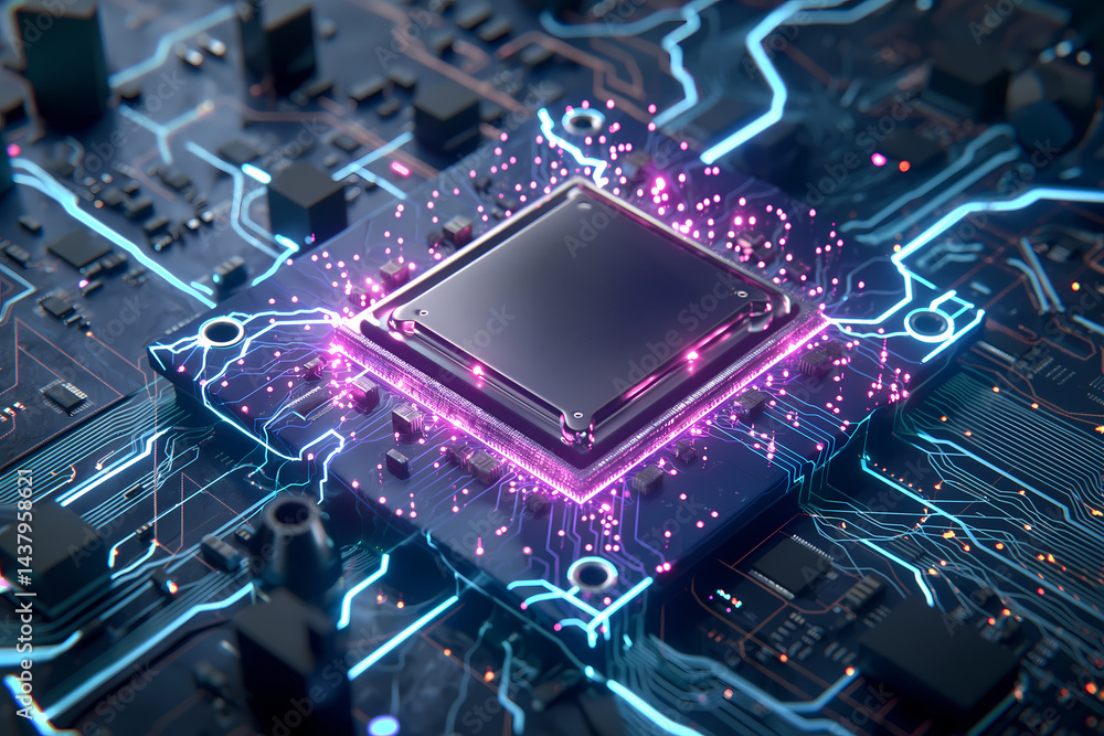 Fototapeta premium Neon-lit Close-up of a Modern CPU Microchip on a Circuit Board 