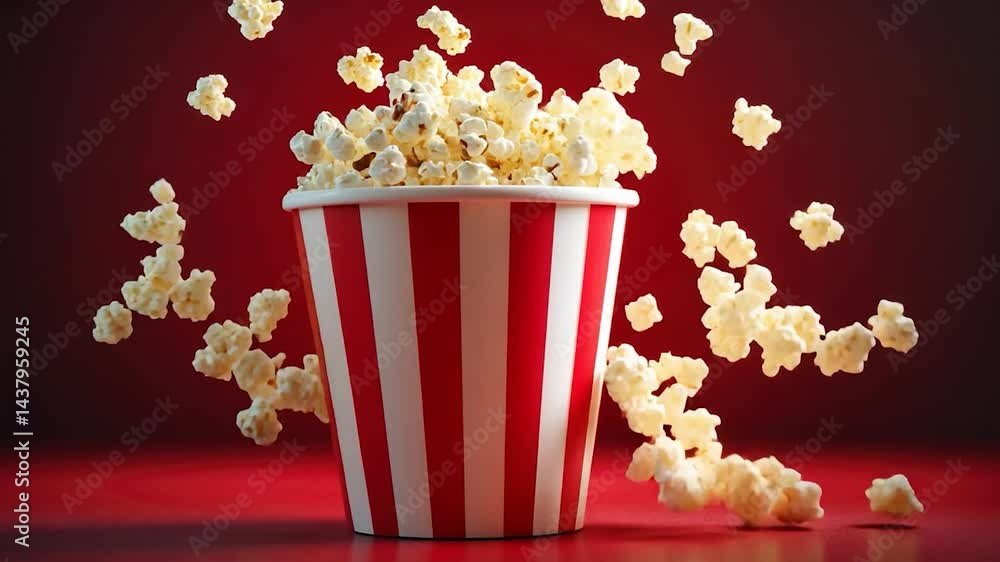 Popcorn bursts from red and white striped container Popcorn bursts from red and white striped container