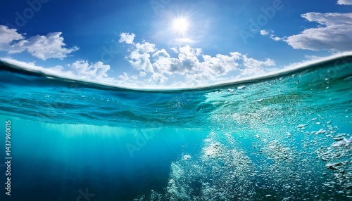 half underwater shot of the sea with cloudy sky turquoise water sun glare and bubbles forming a calming ocean landscape