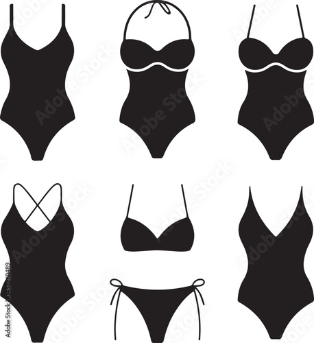 Six Different Styles of Womens Black Swimsuits and Bikini