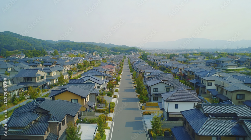 Drone footage capturing serene layout of commuter town with houses and greenery