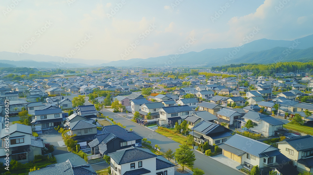 Aerial view of serene commuter town surrounded by mountains and greenery, showcasing modern