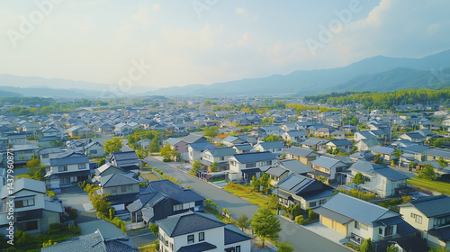 Obraz na płótnie Aerial view of serene commuter town surrounded by mountains and greenery, showcasing modern w salonie