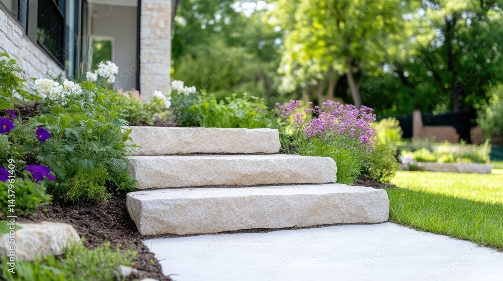Stone steps leading to a modern home, surrounded by lush landscaping Stone steps leading to a modern home, surrounded by lush landscaping
