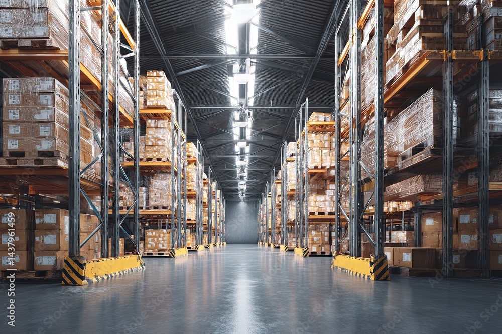 Wide Angle View of Large Warehouse Interior with Shelving Units, Stacked Goods, and Industrial Atmosphere, Ideal for Storage and Logistics Concepts Wide Angle View of Large Warehouse Interior with Shelving Units, Stacked Goods, and Industrial Atmosphere, Ideal for Storage and Logistics Concepts