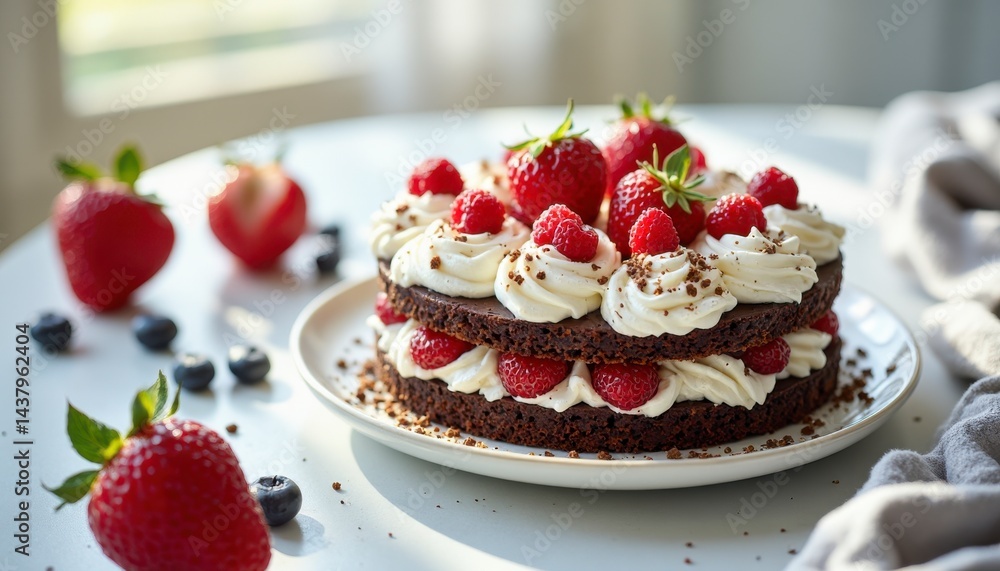 Delicious chocolate cake with strawberries and raspberries home kitchen food photography bright natural light dessert concept Delicious chocolate cake with strawberries and raspberries home kitchen food photography bright natural light dessert concept