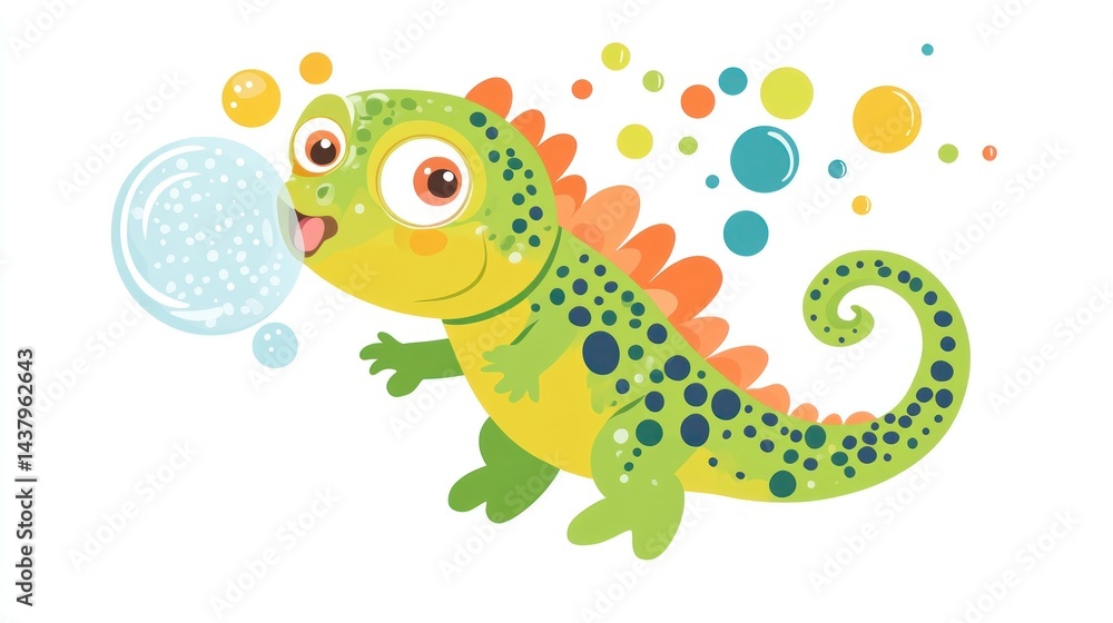 Fototapeta premium Cute lizard blowing bubbles
