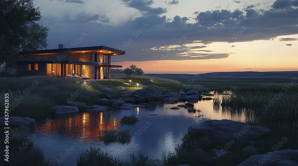 Fototapeta premium serene home by tranquil stream under dramatic twilight sky, glowing lights enhance beauty
