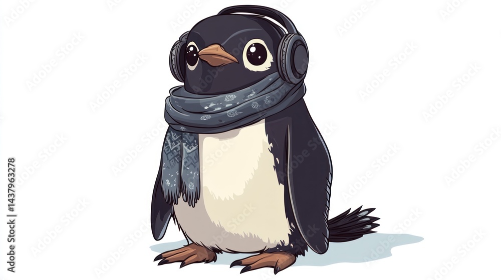 Fototapeta premium Cute penguin wearing headphones and scarf