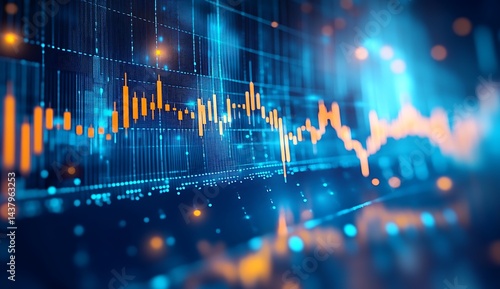 Stock market performance chart featuring rising blue and orange bar lines on a dark background, illustrating financial growth and investment trends.