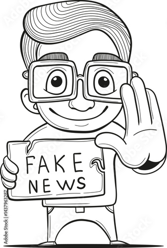 Fake news, spreading false information on social networks, censoring deception or lies, fraud on fake sites. Stop fake. Vector illustration. Hand drawn.