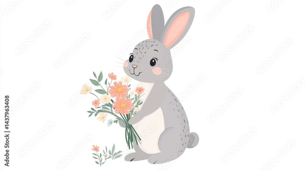 Fototapeta premium Cute gray bunny holding a bouquet of flowers