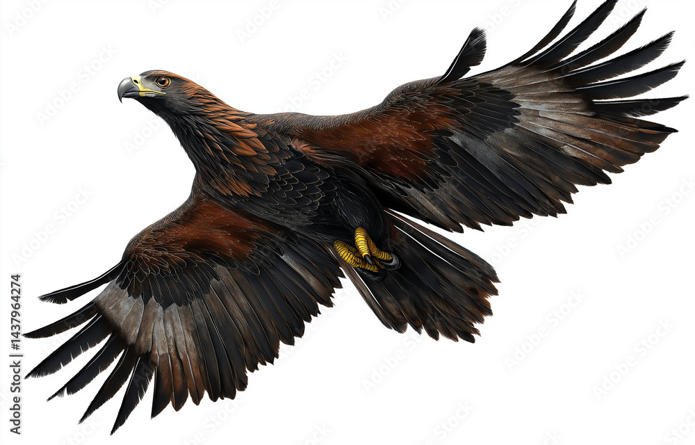 Obraz premium Bald eagle flying with spread wings, isolated on a white background. [Photograph, PNG format, bird, eagle, flight,