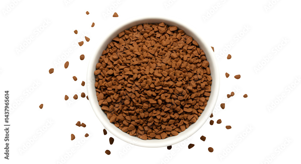 A top view of a white bowl filled with coffee granules scattered on a black background surface transparent background, white background. isolated on transparent background, png, jpeg, jpg, A top view of a white bowl filled with coffee granules scattered on a black background surface transparent background, white background. isolated on transparent background, png, jpeg, jpg,