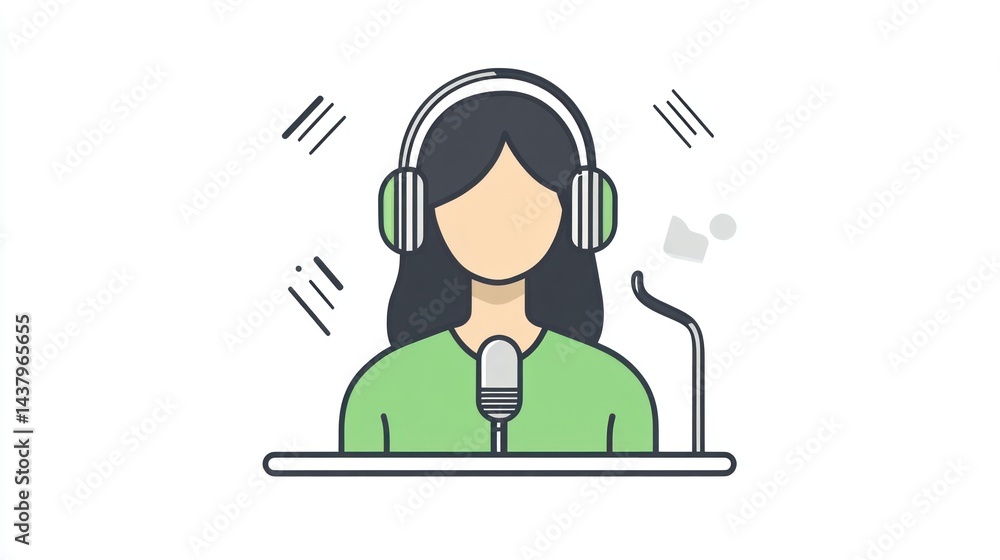 Woman podcasting, studio, microphone, headphones, sound waves Woman podcasting, studio, microphone, headphones, sound waves