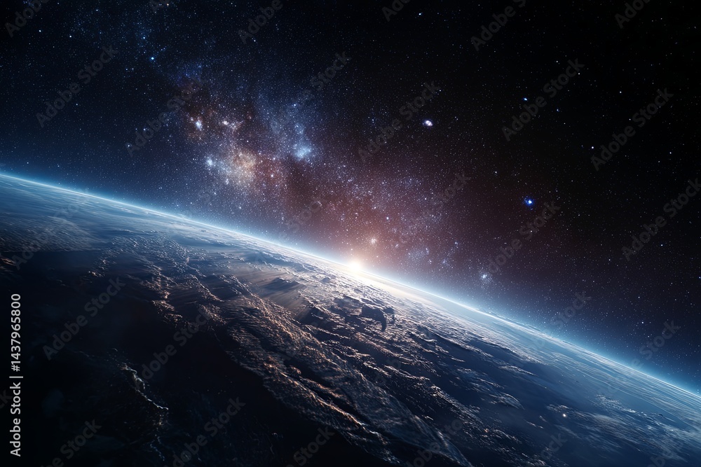 Fototapeta premium Stunning View of Earth in Space Surrounded by Stars and Cosmic Elements Representing the Beauty and Wonder of Our Planet Against a Dark Backdrop