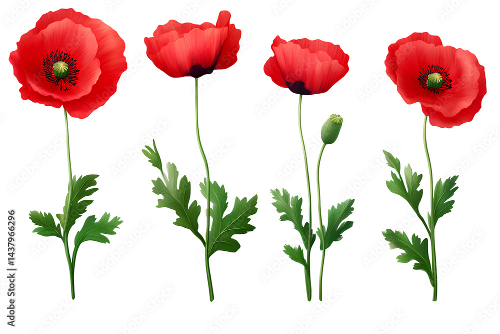 Obraz premium Set of red poppy flowers with green leaves on a transparent background