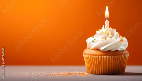 an orange first birthday cupcake with white icing one candle clean orange gradient background suitable for a header with room for text copy space