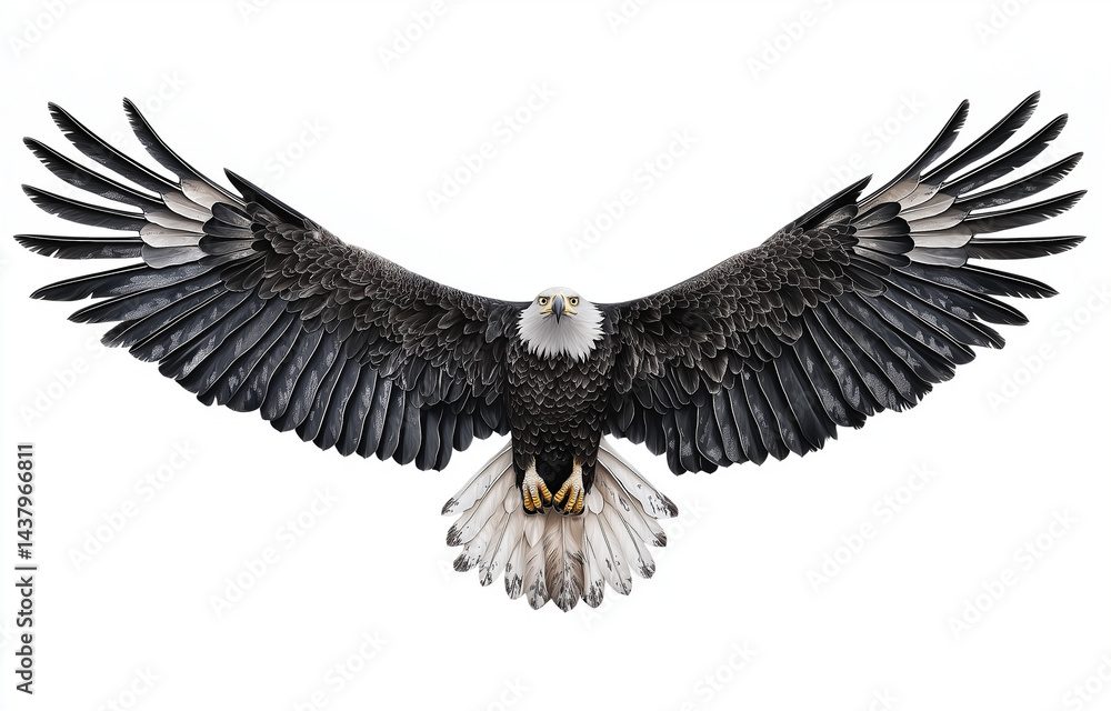 Obraz premium Bald eagle flying with spread wings, isolated on a white background. [Photograph, PNG format, bird, eagle, flight,
