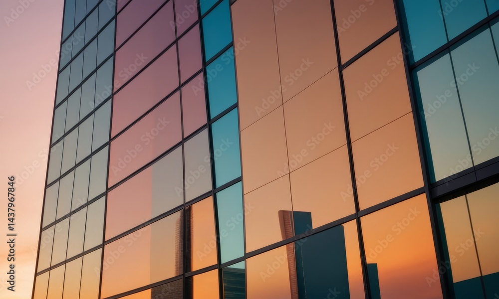 Fototapeta premium Modern Skyscraper Reflecting Sunset Hues Captivating Cityscape Design
