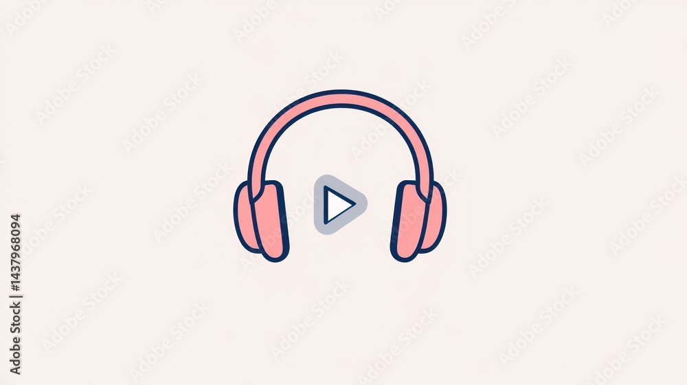 Pink headphones, play button, audio streaming, minimalist background, website icon Pink headphones, play button, audio streaming, minimalist background, website icon