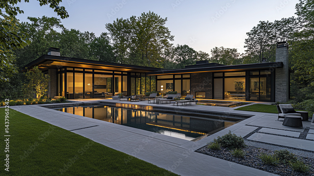 Modern home with open patio, lit pool, and lush greenery creates serene atmosphere Modern home with open patio, lit pool, and lush greenery creates serene atmosphere