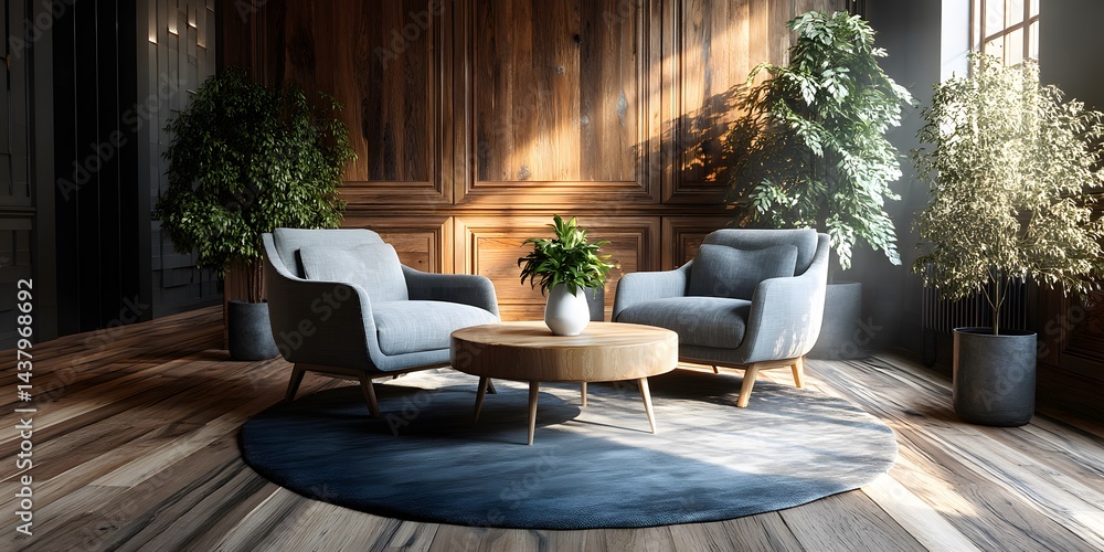 Obraz premium Stylish modern office waiting area features two grey fabric armchairs around a circular wooden coffee table with a plant in a white vase, placed on a dark blue round rug, surrounded warm lighting.