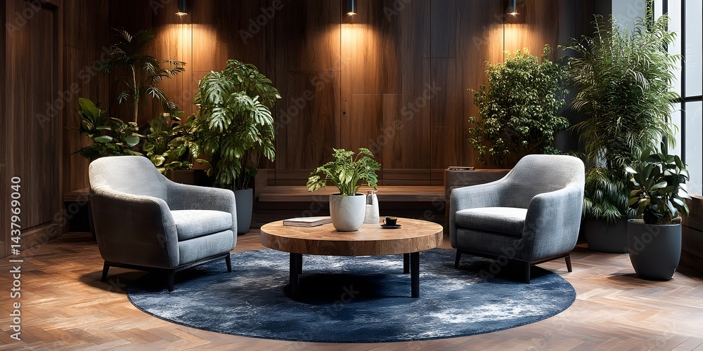 Fototapeta premium Stylish modern office waiting area features two grey fabric armchairs around a circular wooden coffee table with a plant in a white vase, placed on a dark blue round rug, surrounded warm lighting.