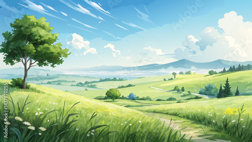 Watercolor Smoke-Free Landscape – Serene Green Fields & Blue Skies for Calm, Rejuvenating Backdrop (Copy Space Left)