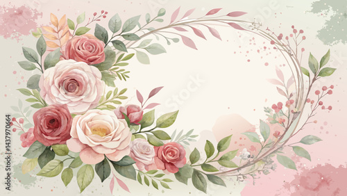 Watercolor wreath with roses and leaves in soft hues, elegant floral circle with copy space*